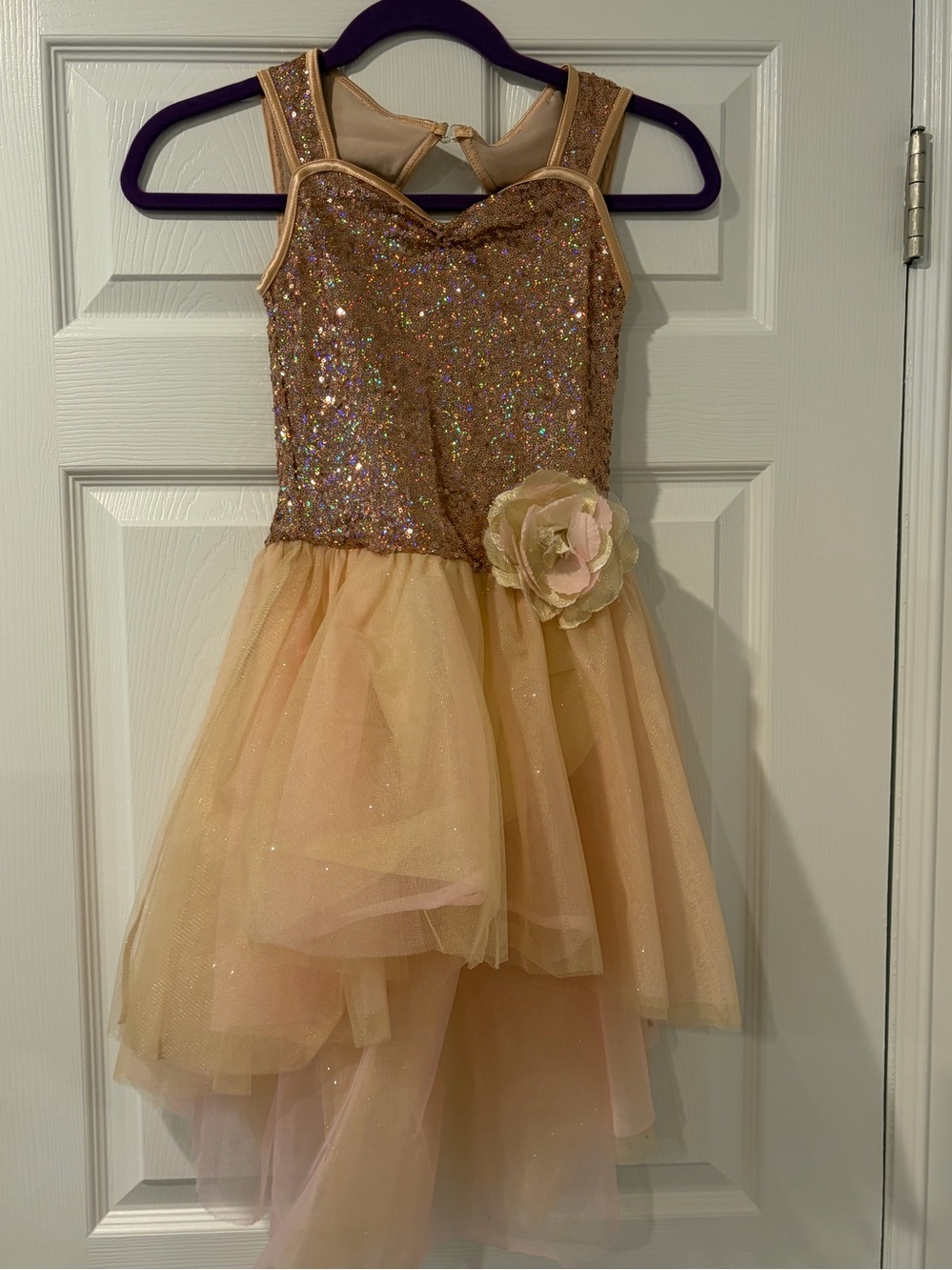 Weissman Rose Gold Sparkle Tulle Dance Dress with Floral Accent